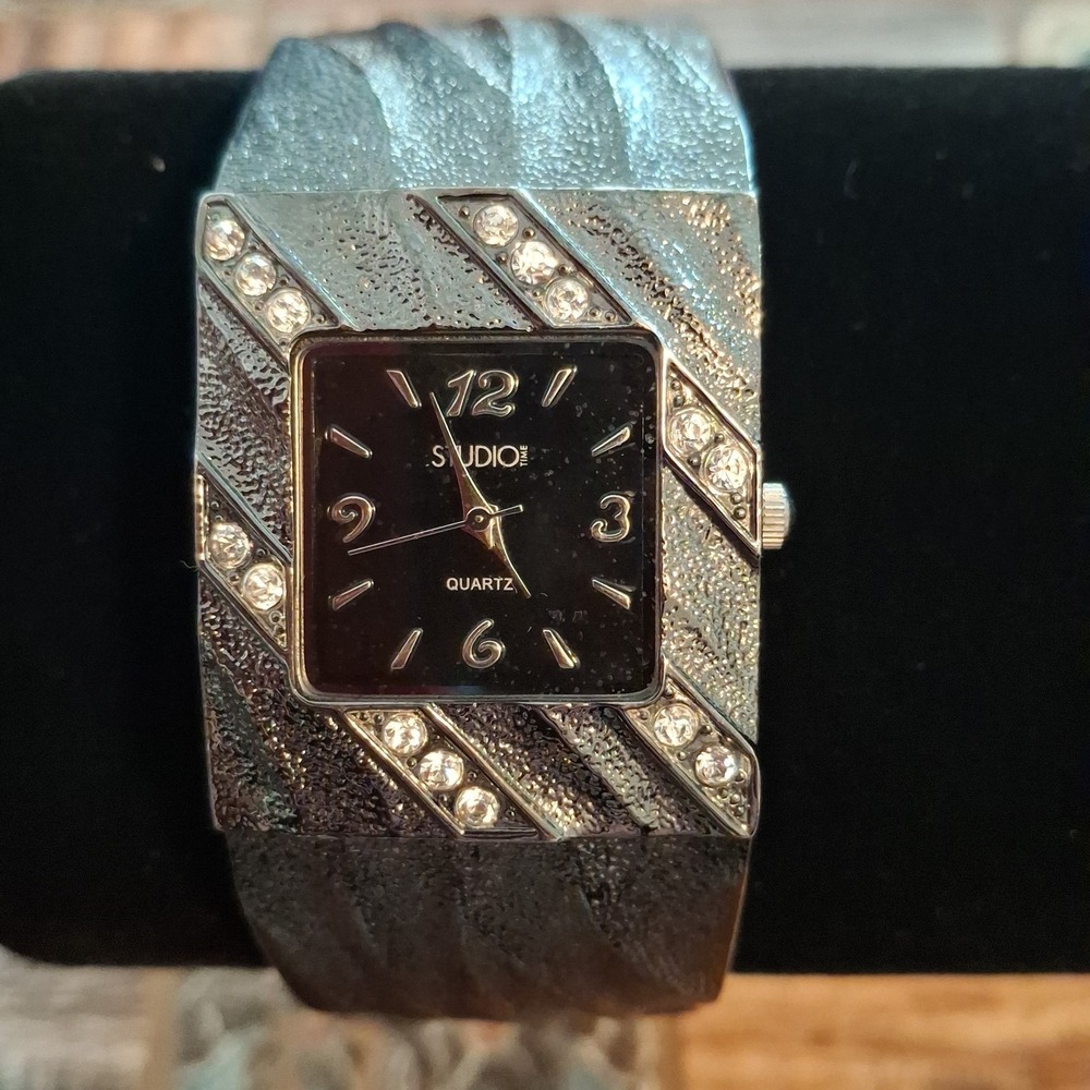 Studio Time Charcoal Textured Finish Cuff Watch With Clear Rhinestones.